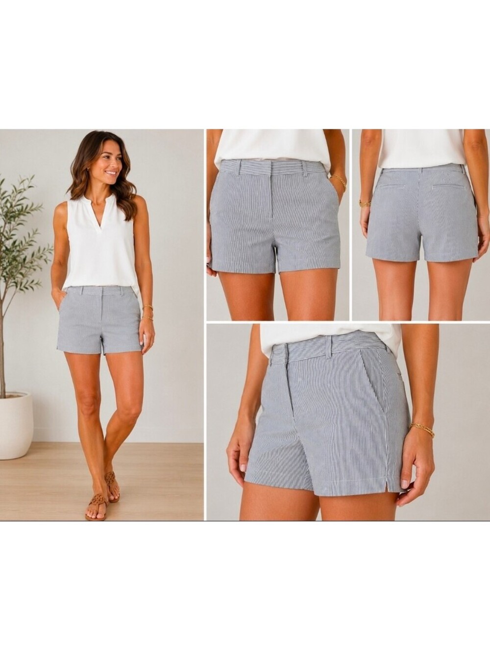 Ann Taylor Petite Signature Shorts 14P Navy White Pinstripe Tailored Preppy